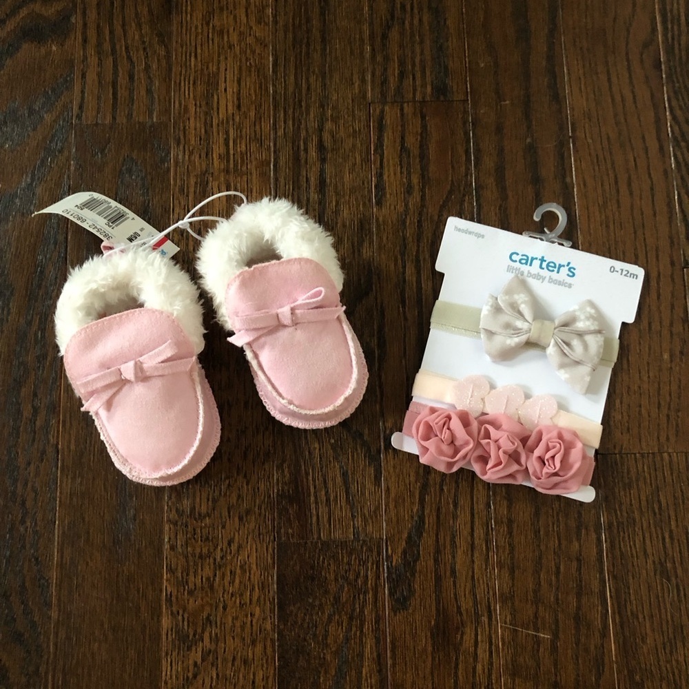 Bundle x2: Baby Girl 0-6M Pink Faux Leather/Fur Booties & 0-12M 3-Pack Headbands